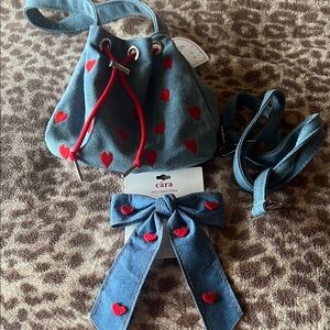 Kids Blue Denim Drawstring Bag with Red Heart Accent